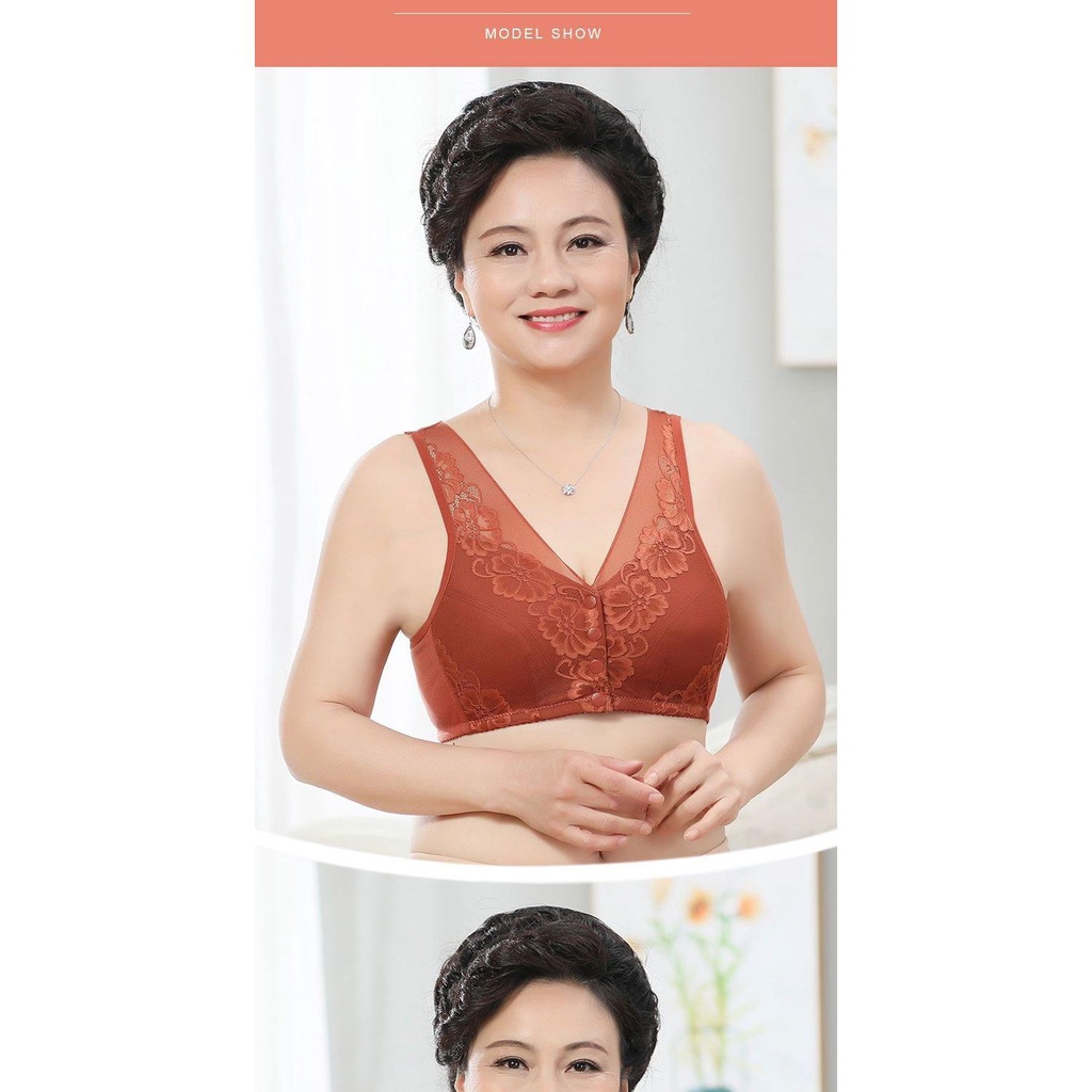 Áo Ngực Cài Nút Trước Không Gọng Thép Phối Ren Thoải Mái Cho Phụ Nữ Trung Niên