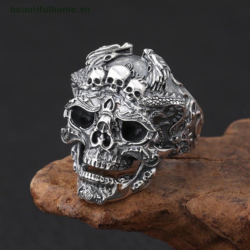 [beautifulhome] Nhẫn Hình Đầu Lâu Mạ Bạc Phong Cách Punk Cổ Điển Có Thể Điều Chỉnh Được Dành Cho Nam Và Nữ Đi Xe Máy [beauty]