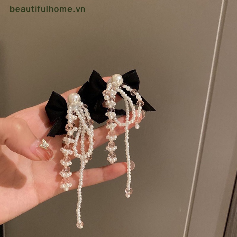 Bông Tai Mạ Bạc 925 Hình Nơ Đính Ngọc Trai Dáng Dài Xinh Xắn