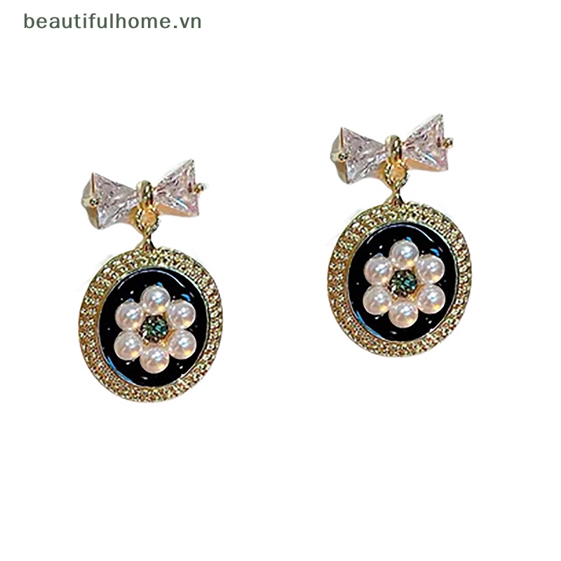 1 Đôi Bông Tai Hình Hoa Đính Ngọc Trai Và Nơ Thời Trang Cho Nữ