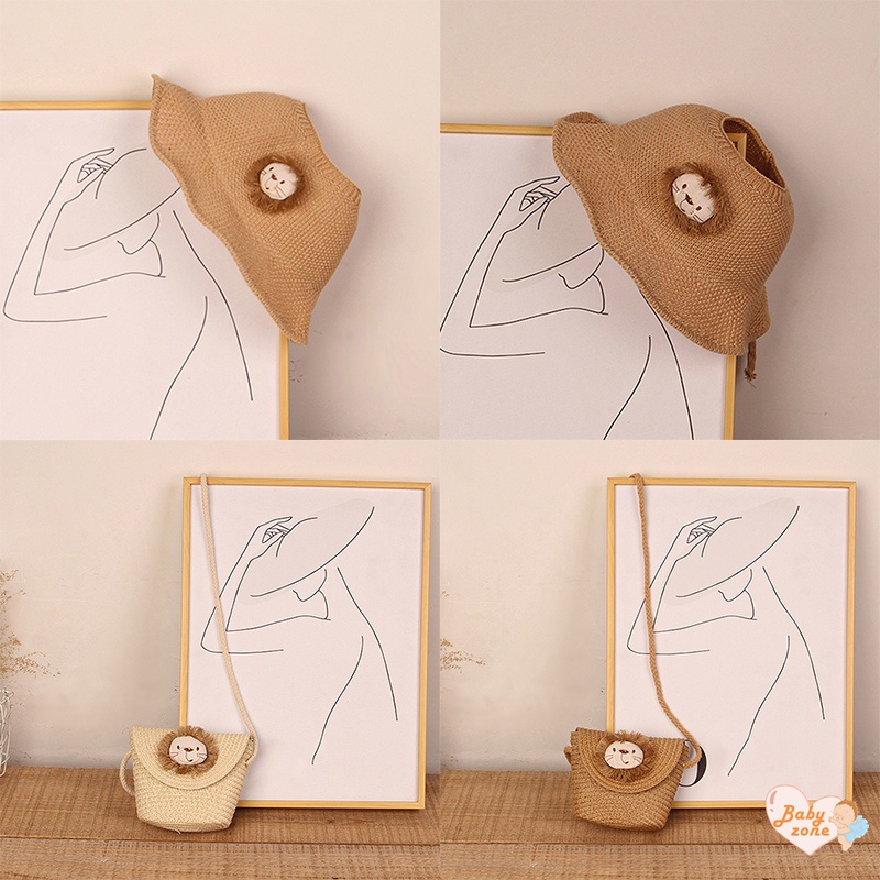 Khung Thành Cho Bé Chất Lượng Cao❤Mũ Cói Hở Chóp Thêu Hình Sư Tử Hoạt Hình Phong Cách Hàn Quốc Cho Nữ