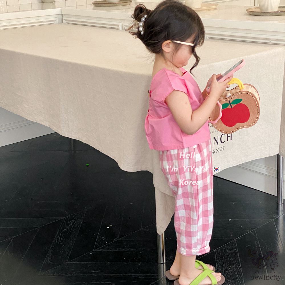 Set Đồ Mùa Hè 2 Món Gồm Áo Cổ Vuông Hở Lưng Màu Trơn + Quần Dài Eo Thun Kẻ Sọc Caro Cho Bé Gái