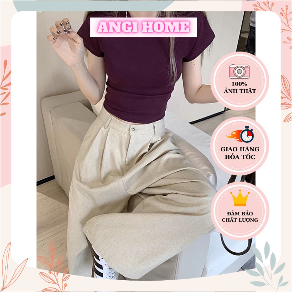 SET ÁO CROPTOP TÍM CẨM + QUẦN SUÔNG KEM ANGI HOME