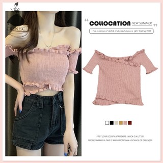 Áo croptop CRLNHC dệt kim trễ vai tay ngắn dáng ôm thời trang mùa hè cho nữ
