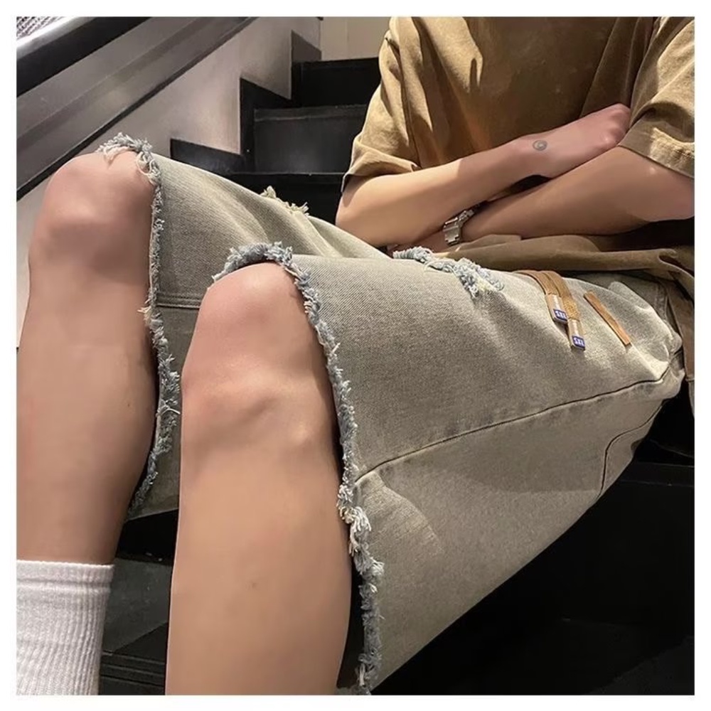 Quần Short Denim Rách Màu Sắc Bùn Vàng Phong Cách Đường Phố Mỹ Thời Trang Mùa Hè Cho Nam