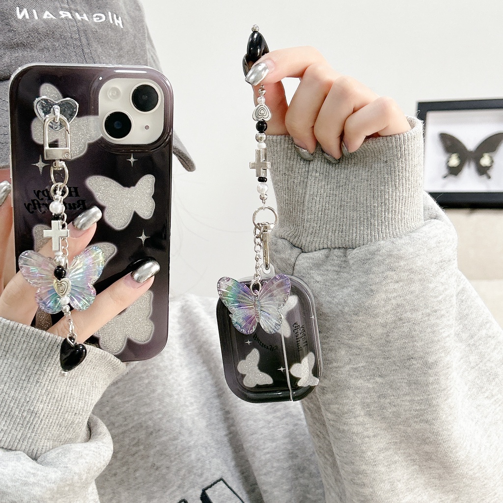 Vỏ Bảo Vệ Hộp Sạc Tai Nghe AirPods Pro 1 / 2 / 3 1 2 3 Pro 1 2 Họa Tiết Bươm Bướm Màu Đen Lấp Lánh Sang Trọng