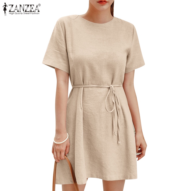 Zanzea Đầm Nữ Ngắn Tay Cổ Tròn Thời Trang Hàn