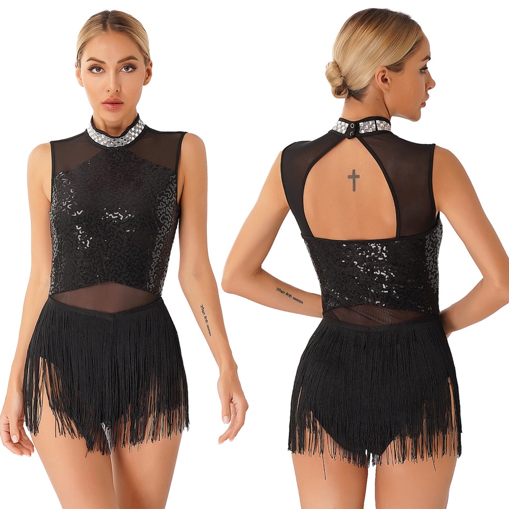Trang Phục Khiêu Vũ latin tango cha-Ca samba Phối Lưới Đính Đá Lấp Lánh Cho Nữ