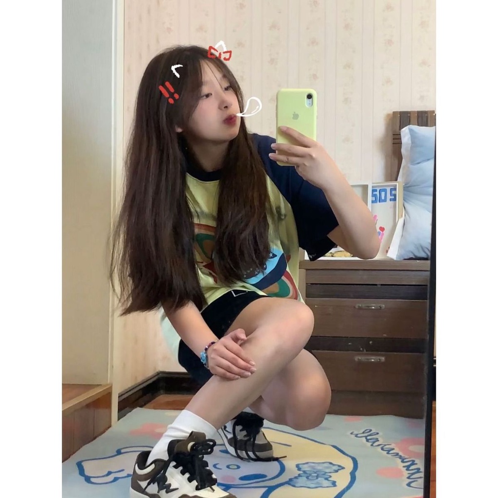 Áo Thun Raglan Tay Ngắn Dáng Rộng Màu Sắc Retro Dành Cho Nữ