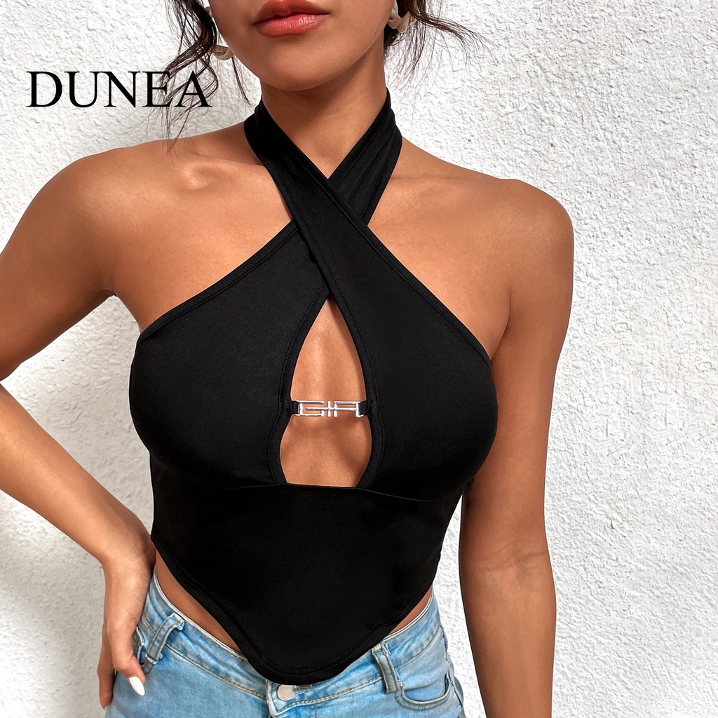 DUNEA Áo Dệt Kim Nữ Không Tay Cổ Đan Dây Chéo Gợi Cảm