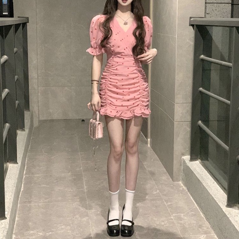 Đầm Voan Hoa Ngắn Tay Cổ Tim Xinh Xắn Theo Phong Cách Mùa Hè Pháp