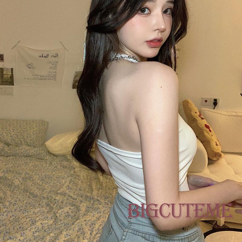 [] - Áo Croptop Không Tay Hở Lưng Ôm Dáng Thêu Ren Thắt Nơ Thời Trang Đường Phố Mùa Hè Màu Trắng Dành Cho Nữ