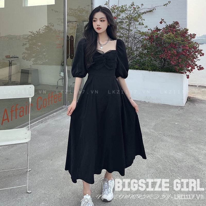 Váy đầm nữ Bigsize Đầm dự tiệc sang trọng dáng dài tay phồng cổ vuông đen mùa hè Phong cách Hàn Quốc Thời Trang đẹp