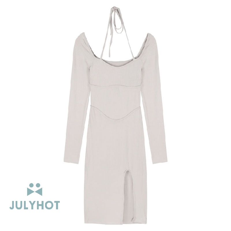 Mát mẻ dây ren-up rắn màu đen dài tay áo ăn mặc của phụ nữ sild Slit Slim Midi Dress VN