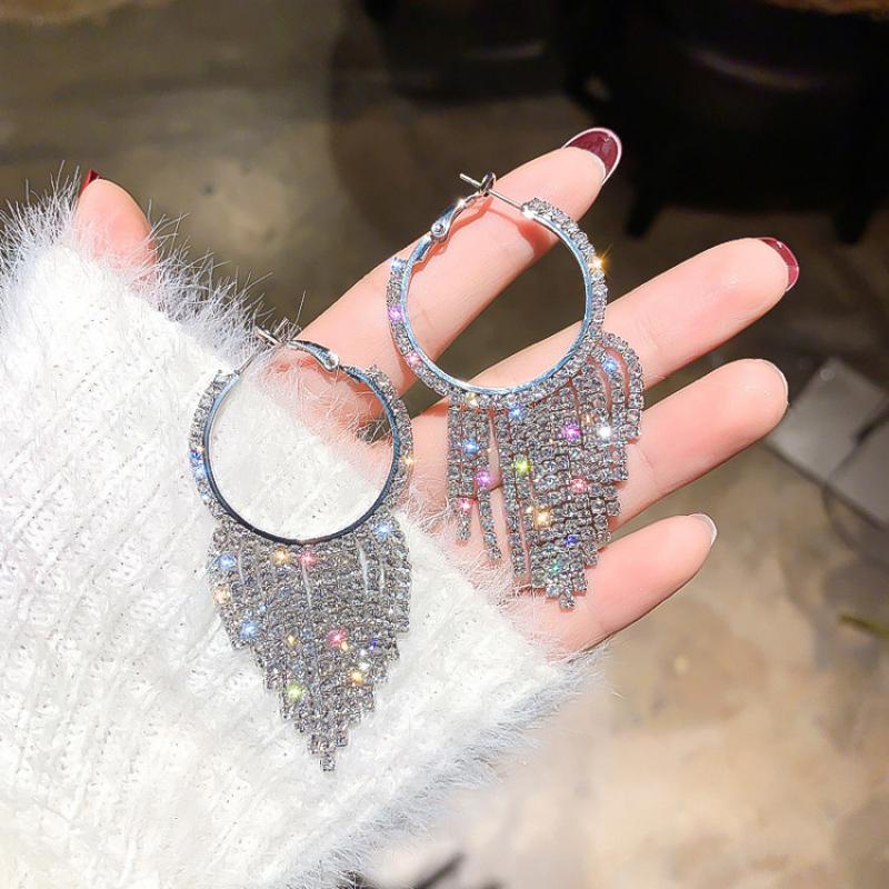 Lk - Bông Tai Vòng Tròn Tua Rua Dài Đính Kim Cương Toàn Diện Mạ Điện Cá Tính Hợp Thời Trang Cho Nữ