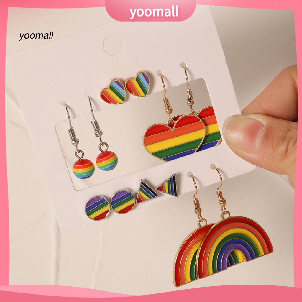 Set 6 Đôi Bông Tai Dáng Dài Bằng Hợp Kim Màu Sắc Cầu Vồng Thời Trang Cho Nam Và Nữ