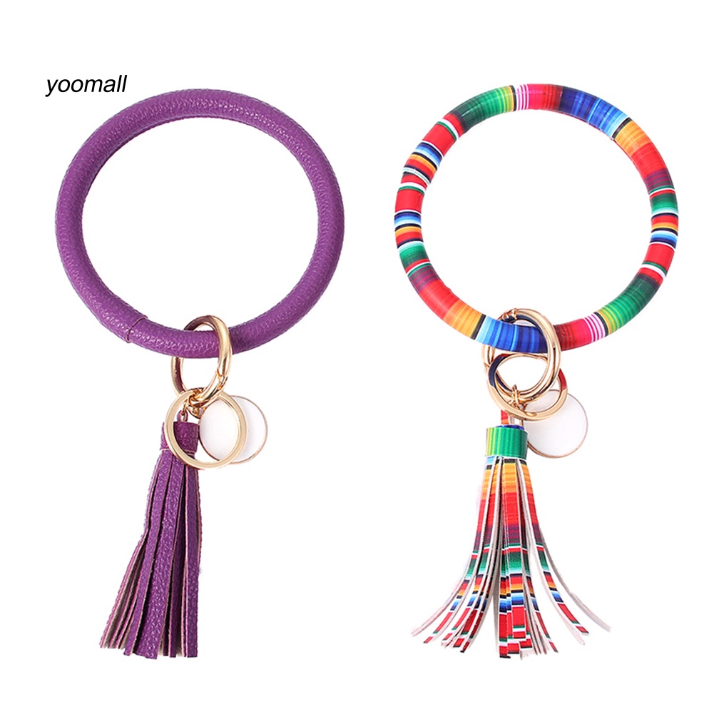 Móc Khóa Dạng Vòng Tròn Phối Tua Rua Bằng Da Giả