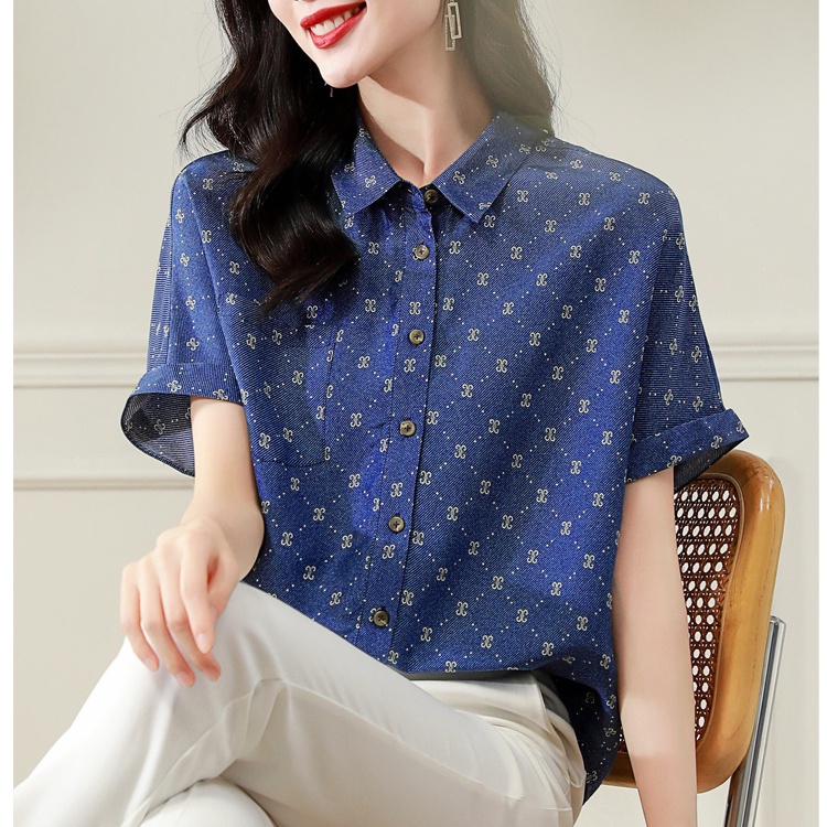Áo Sơ Mi Lụa Tay Ngắn Dáng Rộng In Họa Tiết Giả Denim Phong Cách Retro Dành Cho Nữ