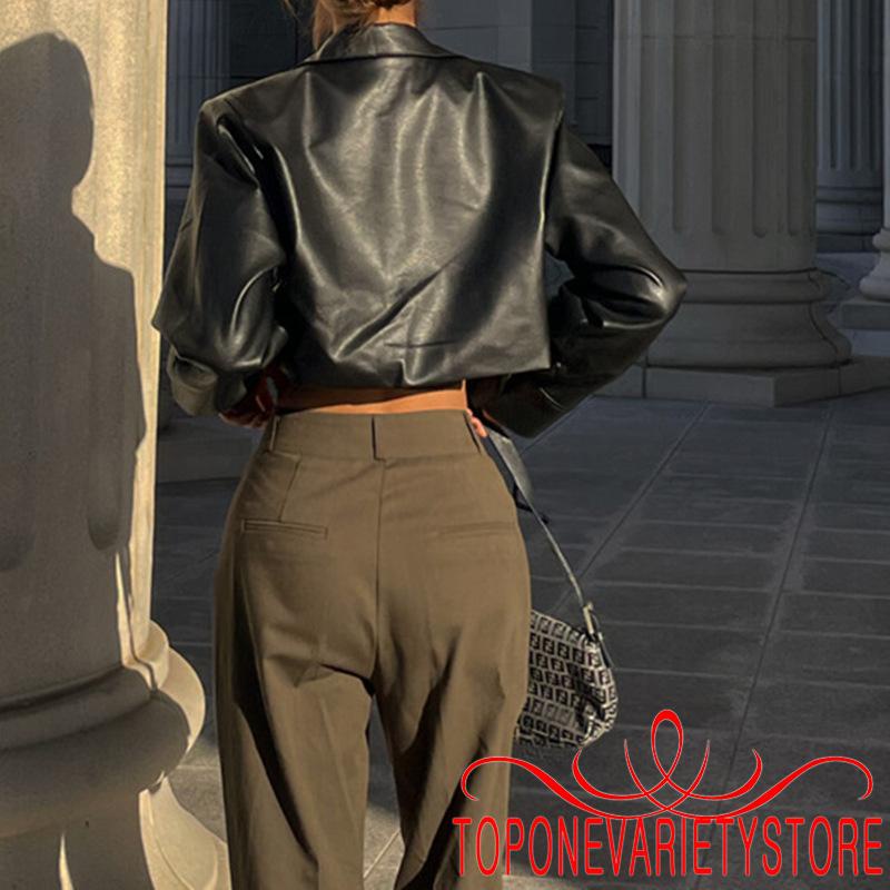 Áo Khoác Da Croptop Tay Dài Màu Trơn Cài Nút Thời Trang Cho Nữ