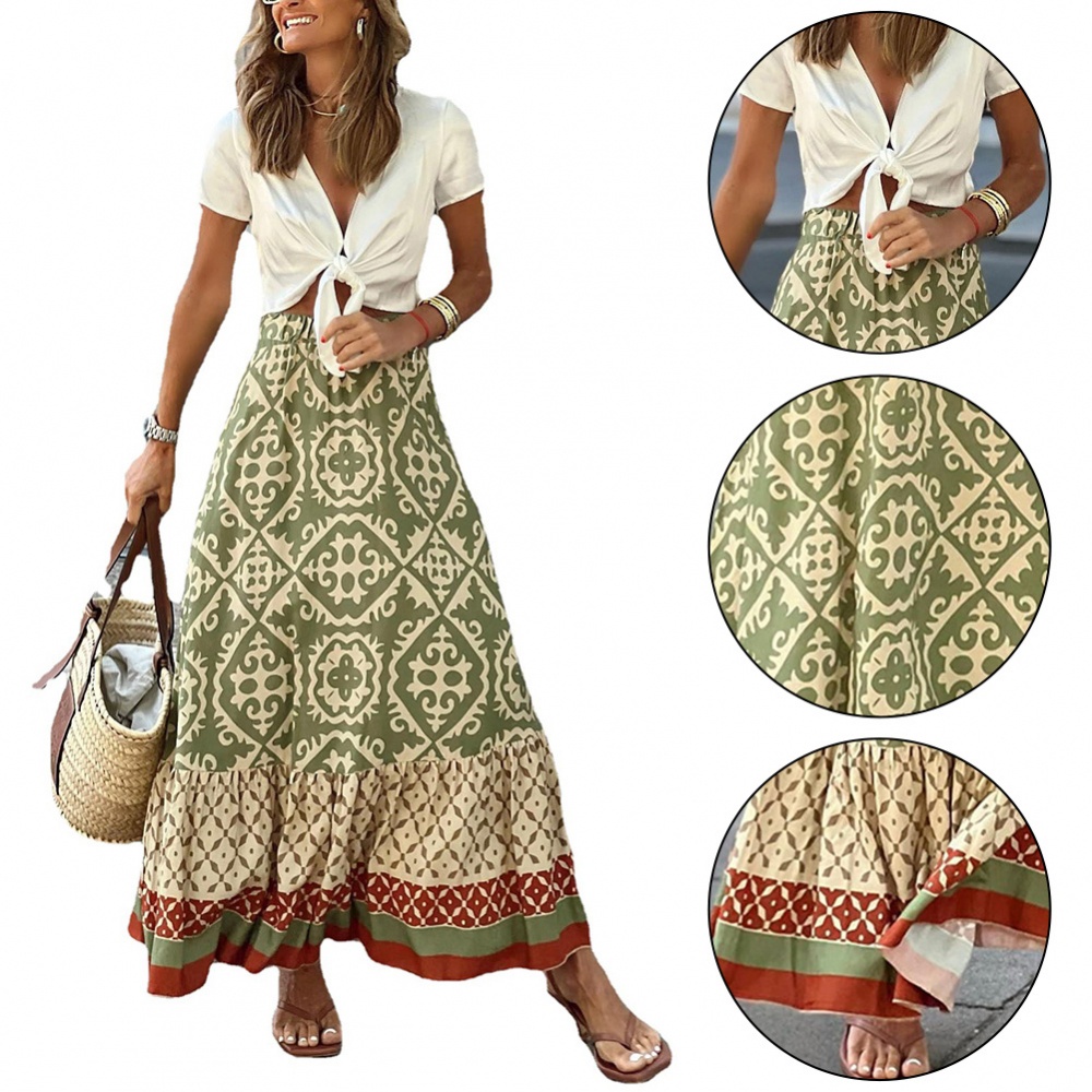 Chân Váy Chữ A Lưng Thun Viền Bèo In Họa Tiết Hình Học Sành Điệu Cho Nữ