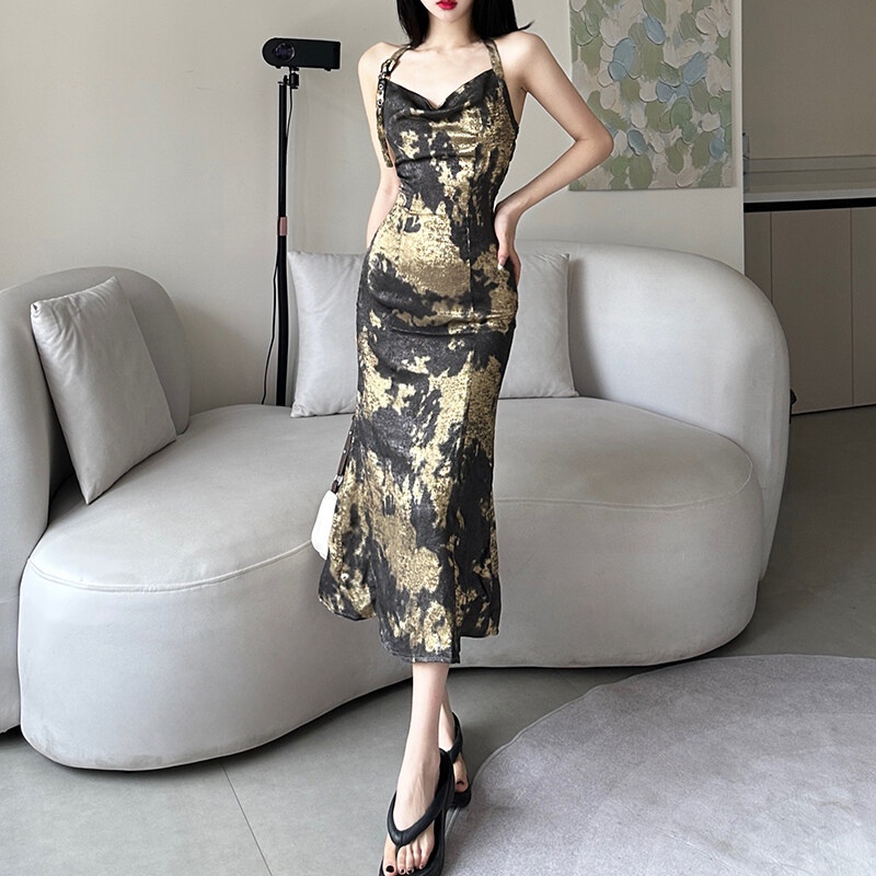 Kliou Đầm Hai Dây Nhám Mạ Vàng Mùa Hè 2023 Thời Trang Cao Cấp Thanh Lịch Cho Nữ