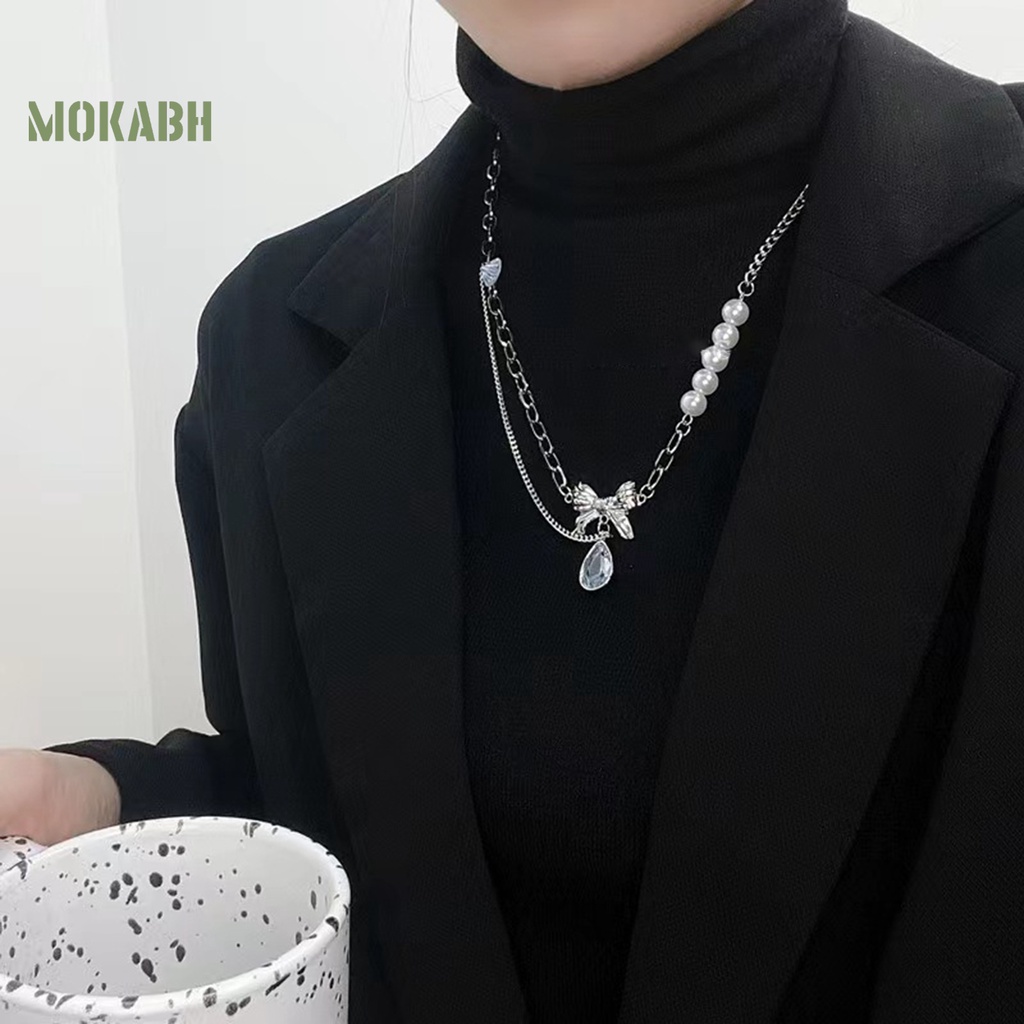 [Mok Abh] Vòng cổ Mặt Hình Nơ Đính Ngọc Trai Giả Thanh Lịch Sáng Bóng Hình Giọt Nước Trang Trí Cho Nữ