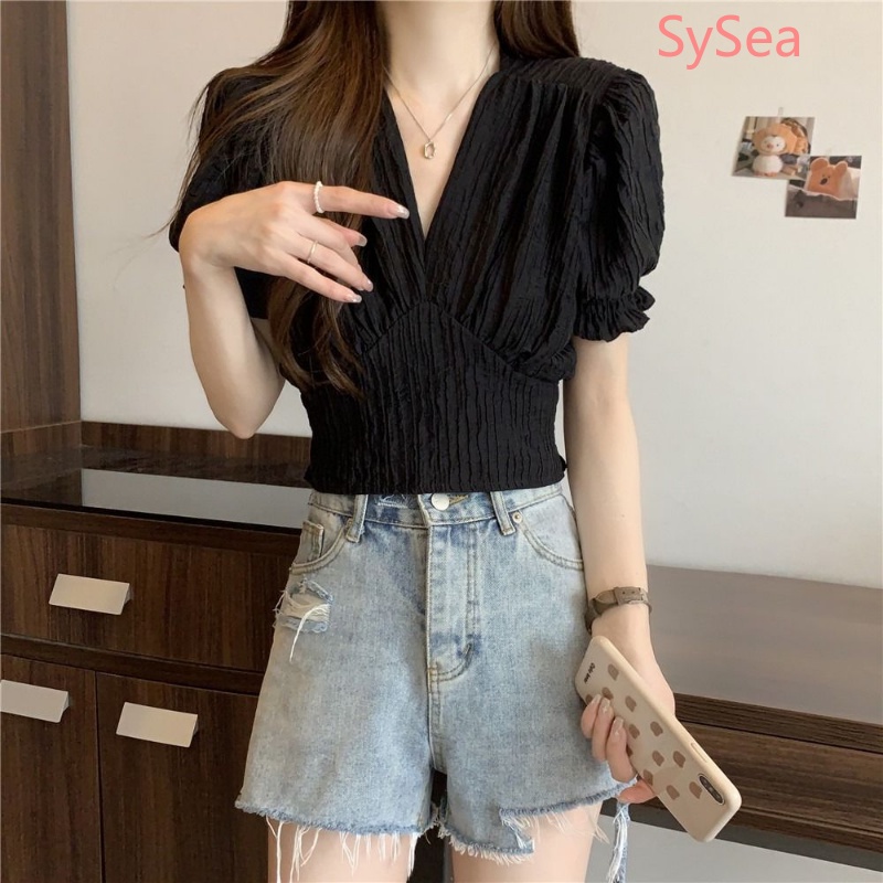 Áo Kiểu Cổ Chữ V Thiết Kế Xếp Ly Phong Cách Retro Pháp Cho Nữ