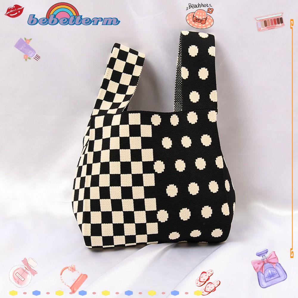 BEBETTERM Túi Xách Đan Len Họa Tiết Ca Rô Thời Trang Dành Cho Nữ