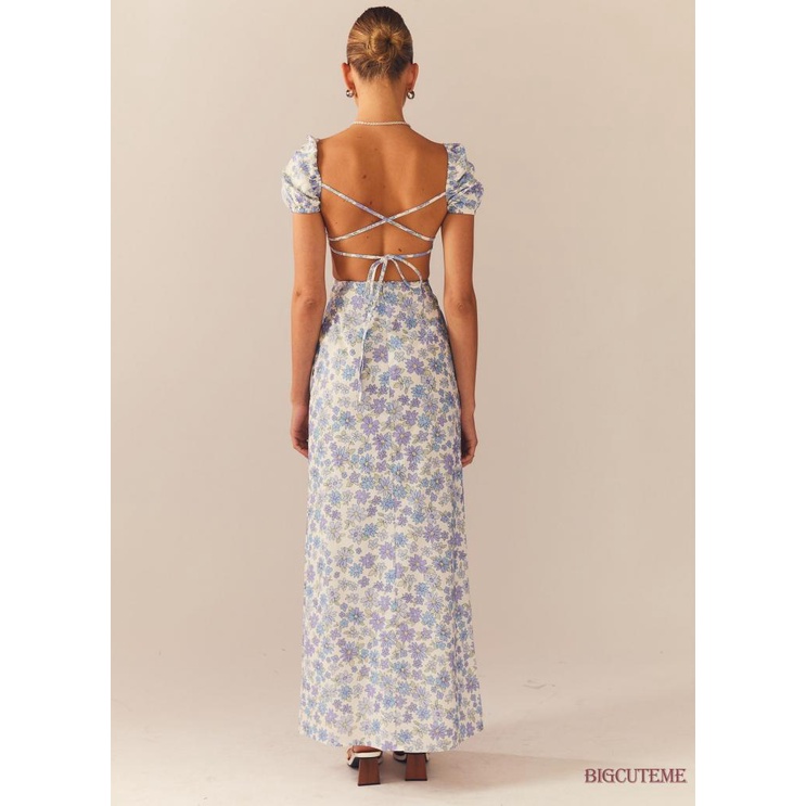 Đầm Dài Tay Ngắn Hở Lưng Họa Tiết Hoa Thời Trang Mùa Hè Cho Nữ