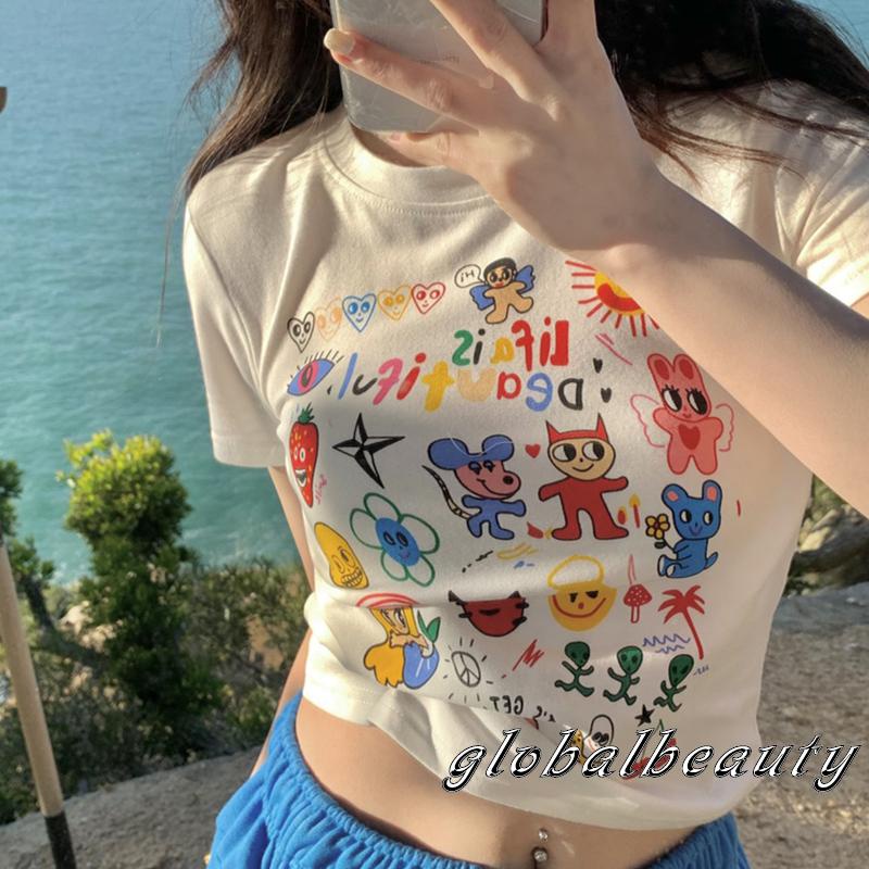 Áo Thun Tay Ngắn Cổ Tròn In Họa Tiết Hoạt Hình Phong Cách Đường Phố Cho Nữ