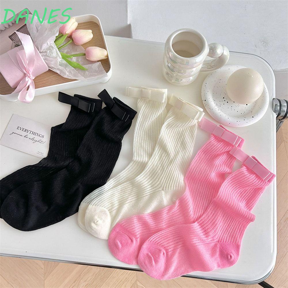 DANES Vớ Cao Ngang Bắp Chân Kẻ Sọc Thoáng Khí Đính Nơ Màu Trơn Đơn Giản Phong Cách Lolita Cho Nữ