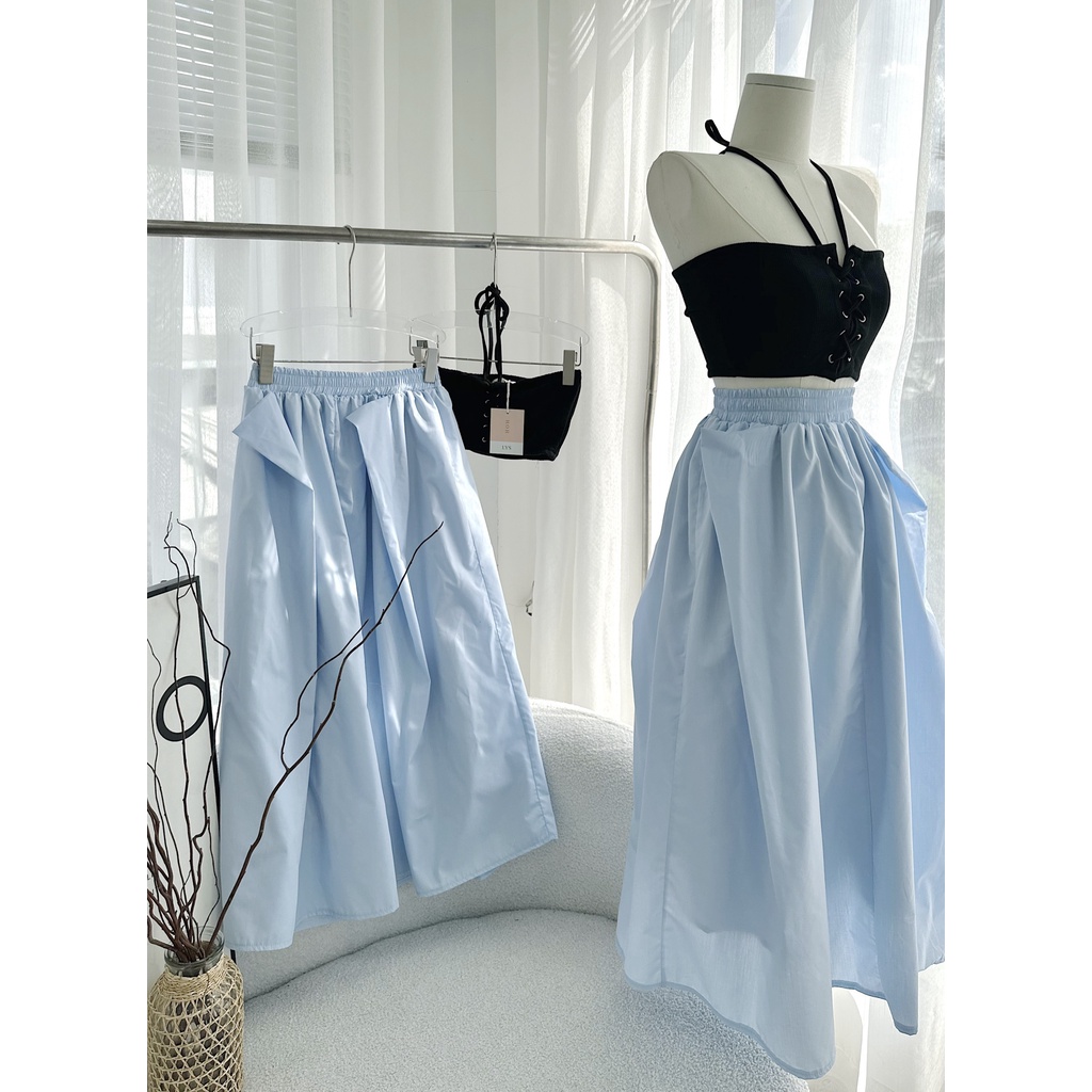 Set croptop đen dây yếm đan dây +chân váy xanh xoè💖 KÈM ẢNH THẬT