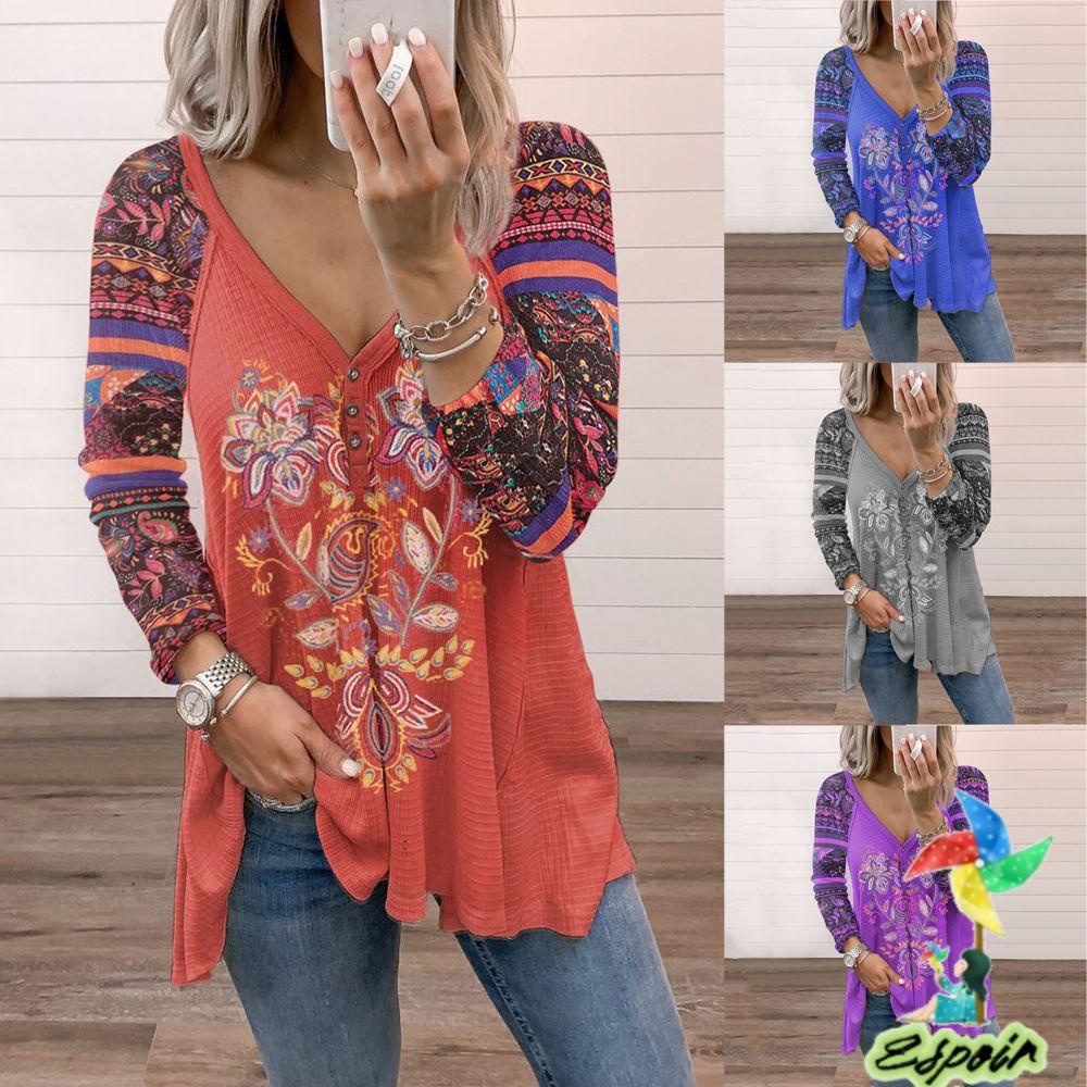 ESPO Áo Kiểu Cổ Chữ V Phong Cách Boho Thời Trang Thu Đông Cho Nữ