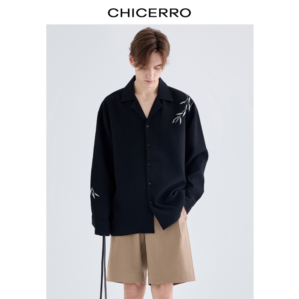 Chicerro Áo Sơ Mi Nam Dài Tay Thêu Họa Tiết Bánh Waffle Trung Hoa Giản Dị Xu Hướng Xuân Hè Mới