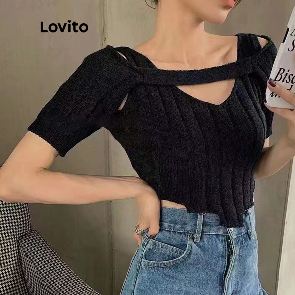 Lovito Áo dệt kim họa tiết bất đối xứng, trơn đơn giản, thường ngày cho nữ LNA09188 (Trắng đen)