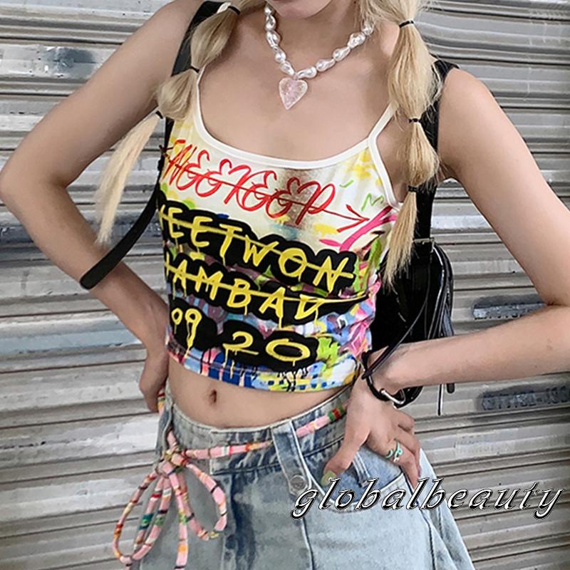 Áo Croptop Hai Dây In Chữ Graffiti Thời Trang Mùa Hè Dành Cho Nữ