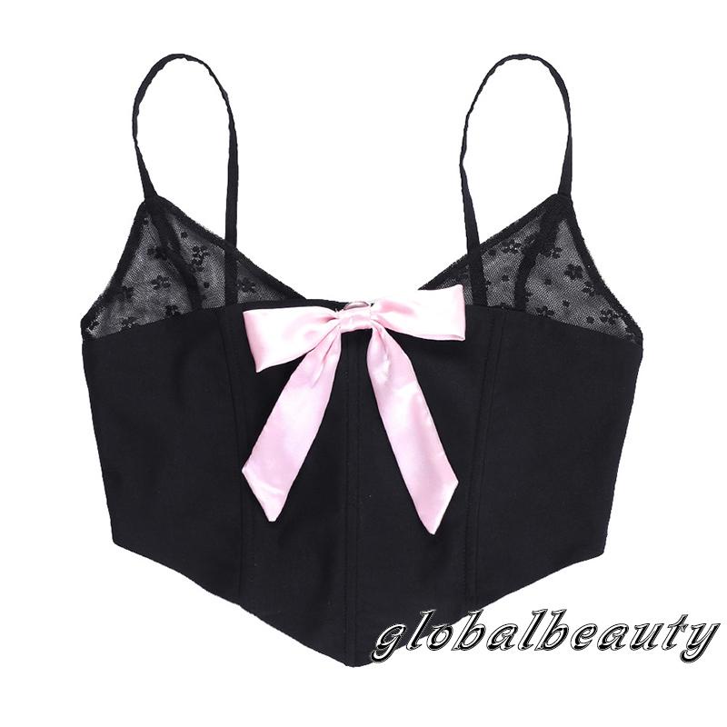 Áo Croptop Lưới Hai Dây In Họa Tiết Hoa Tương Phản Thắt Nơ Cho Nữ