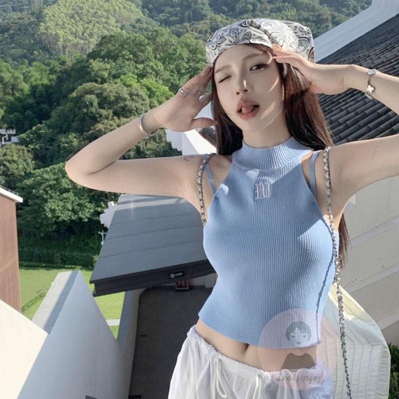 Áo Hai Dây Dệt Kim Ôm Dáng Thêu Chữ Thời Trang Cho Nữ