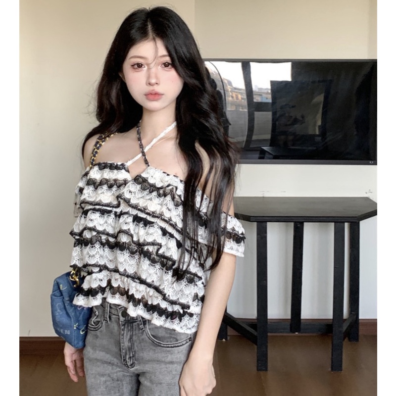 Áo Hai Dây Cổ Vuông Dáng Rộng Phối Ren Quyến Rũ Thời Trang