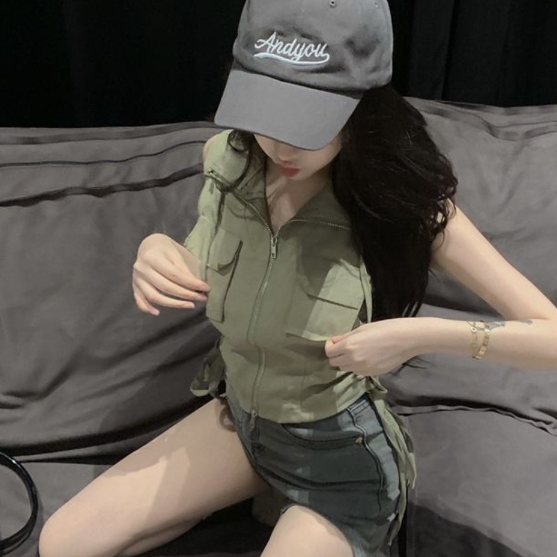 Áo sơ mi crop không tay màu trơn áo voan cổ polo áo sơ mi túi có khóa kéo áo khoác giản dị phong cách đường phố cá tính