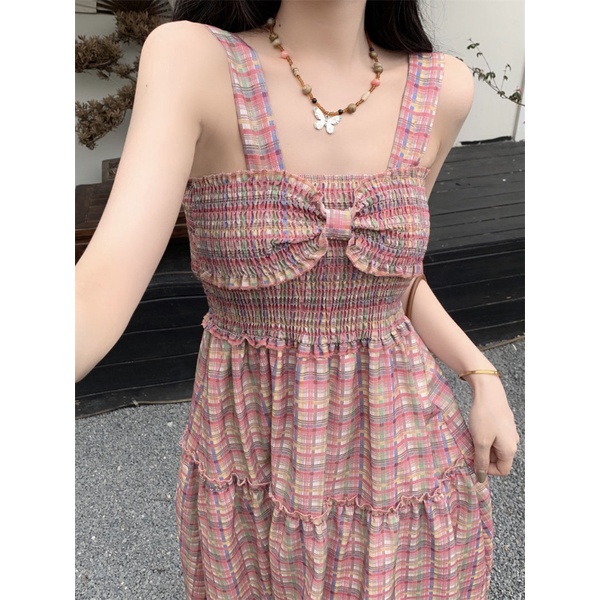 Đầm Midi Dáng Ôm Họa Tiết Kẻ Sọc Đính Nơ Phong Cách Pháp Thời Trang Mùa Hè Xinh Xắn Cho Nữ