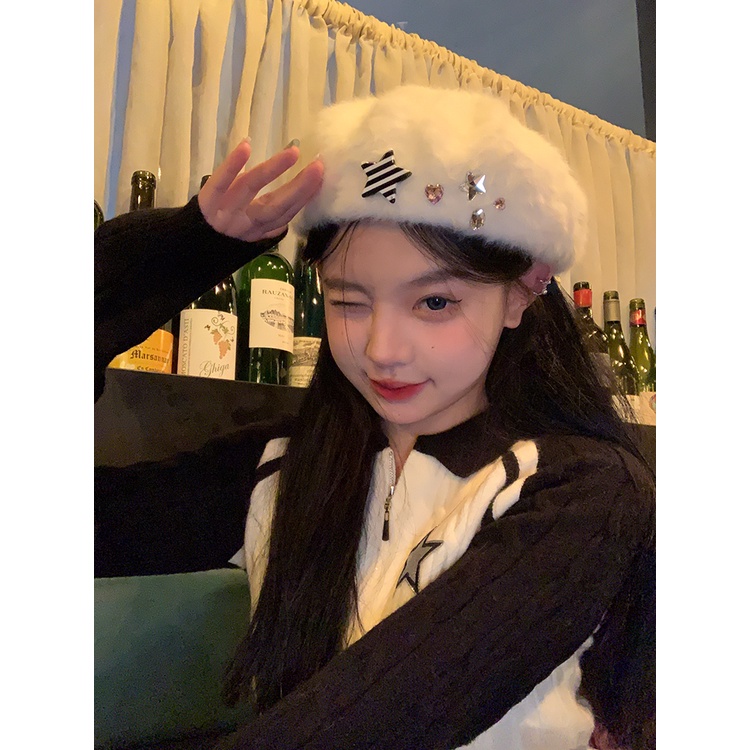 Mũ Beret Y2K Đính Ngôi Sao Nhồi Bông Màu Trắng Ngọt Ngào Thời Trang Thu Đông Cho Nữ