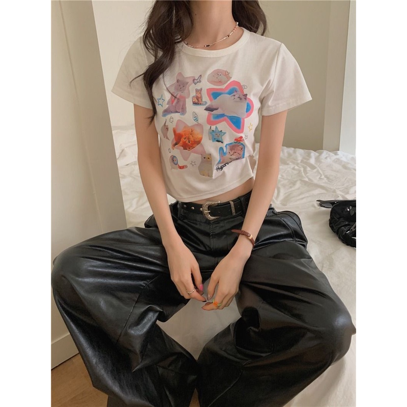Áo Baby Tee Thun Croptop Nữ Tay Ngắn Hở Vai Dáng Ôm In Hình Mèo Thời Trang Mùa Hè Hàng Mới Dành Cho Bạn Nữ
