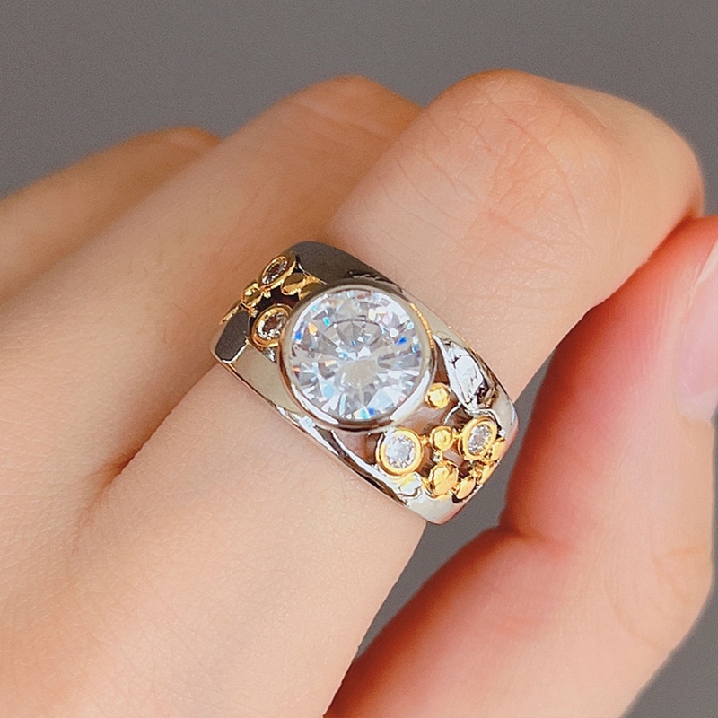 Ygt Nhẫn Đính Đá Zircon Hai Tông Màu Phong Cách Vintage Sang Trọng Cho Cặp Đôi