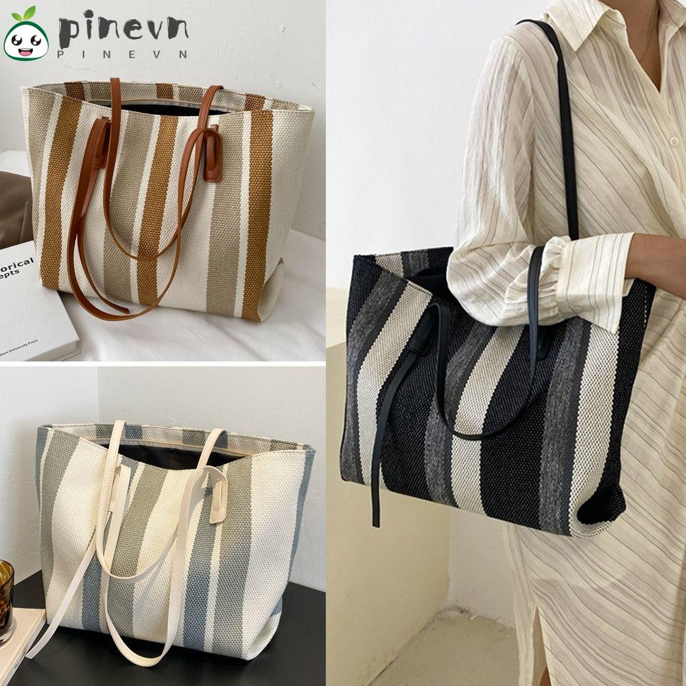 PINEVN Túi Tote Đeo Vai Vải Canvas Họa Tiết Kẻ Sọc Sức Chứa Lớn Thời Trang Cho Nữ
