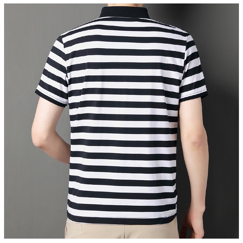 Áo Thun polo Cotton Lụa Lạnh Mỏng Dáng Rộng Tay Ngắn Kẻ Sọc Thoáng Khí Thời Trang Cho Nam