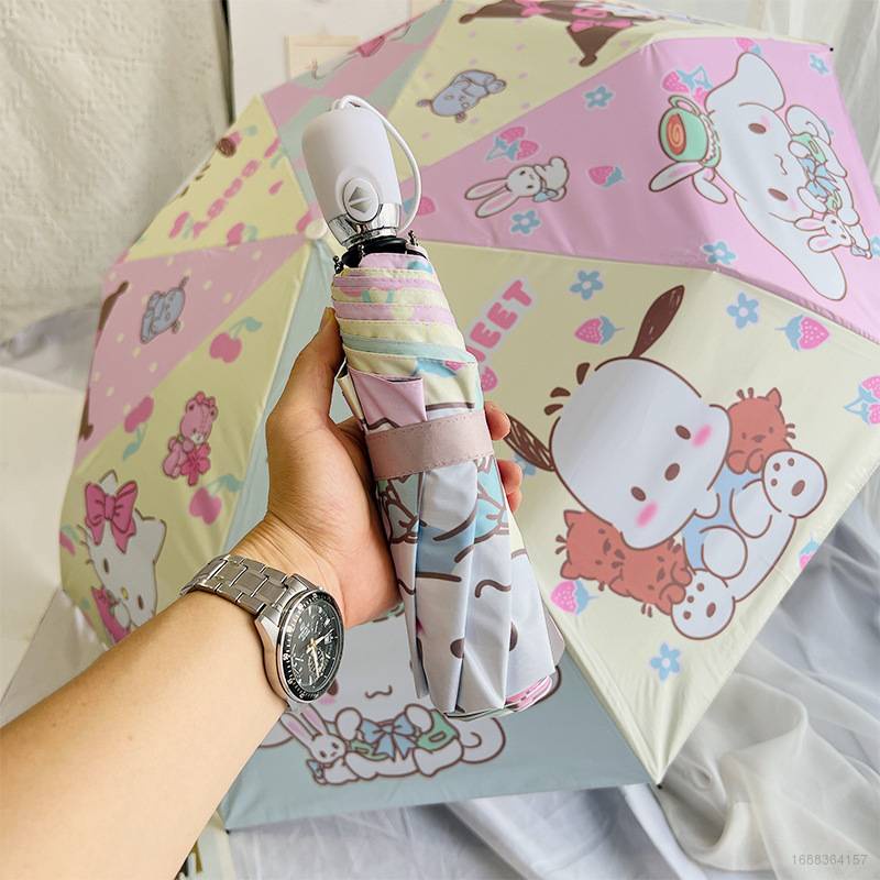 SANRIO Dù Gấp Tự Động 3 Khúc Họa Tiết Hoạt Hình Dễ Thương Chống Tia UV