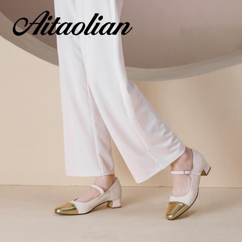 Giày Cao Gót 4cm Da Thật Mũi Vuông Kiểu retro Anh Xinh Xắn Cho Nữ