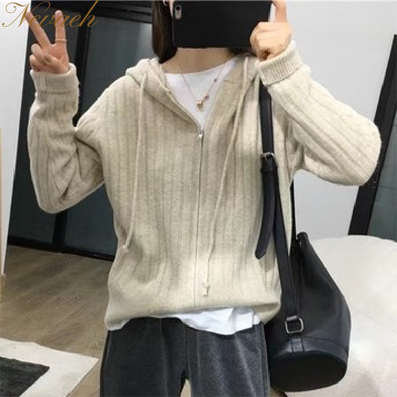 Áo Khoác cardigan Có Nón Dáng Rộng Và Khóa Kéo Thời Trang Thu Đông 2023 Mới