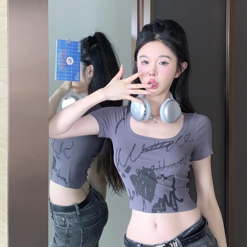COZOK Áo Thun Crop Top Tay Ngắn Cổ Chữ U Dễ Phối Đồ Hợp Thời Trang